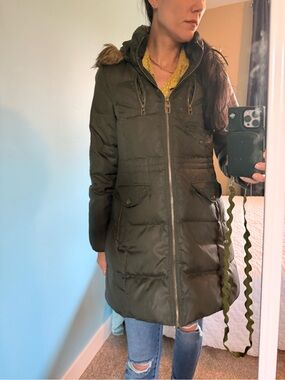 Miss Sixty Olive Green Down Puffer Coat with Faux Fur Trim